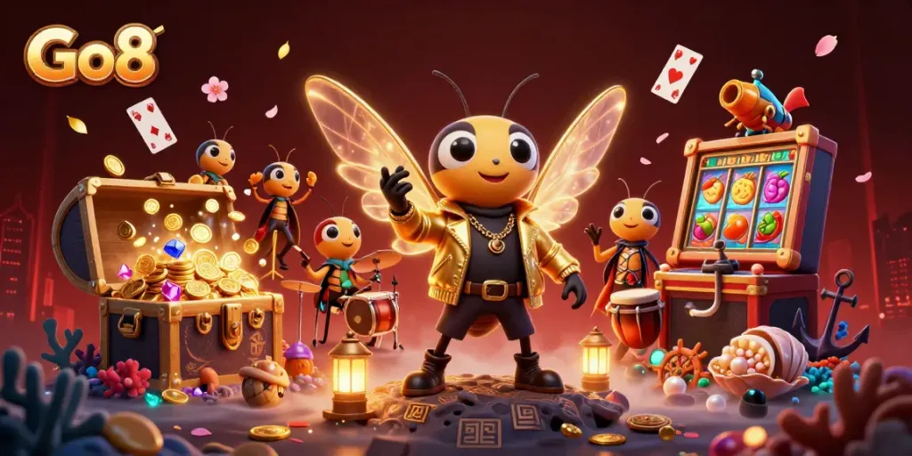 Experience Go8 gaming adventure with dynamic characters, golden treasures, and vibrant casino elements.