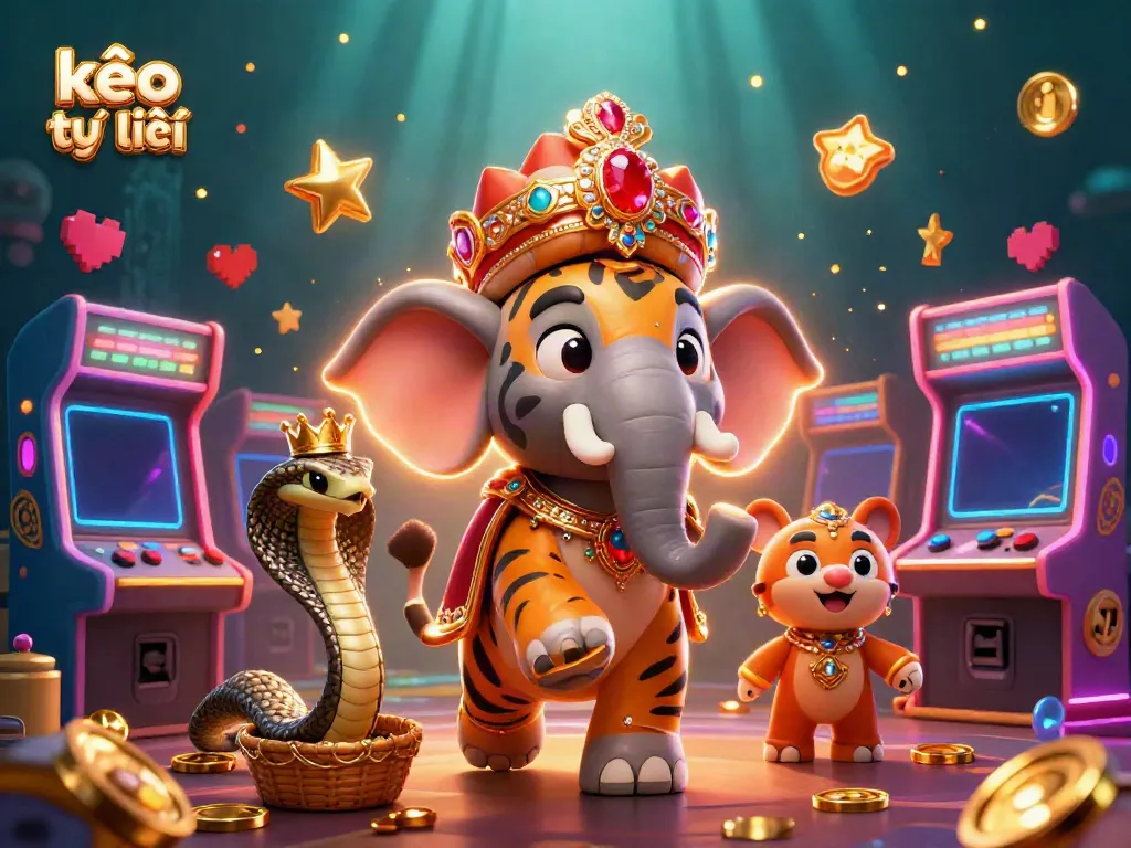 Engage with the vibrant kèo trực tuyến scene featuring a royal tiger and an elephant amidst gaming elements.