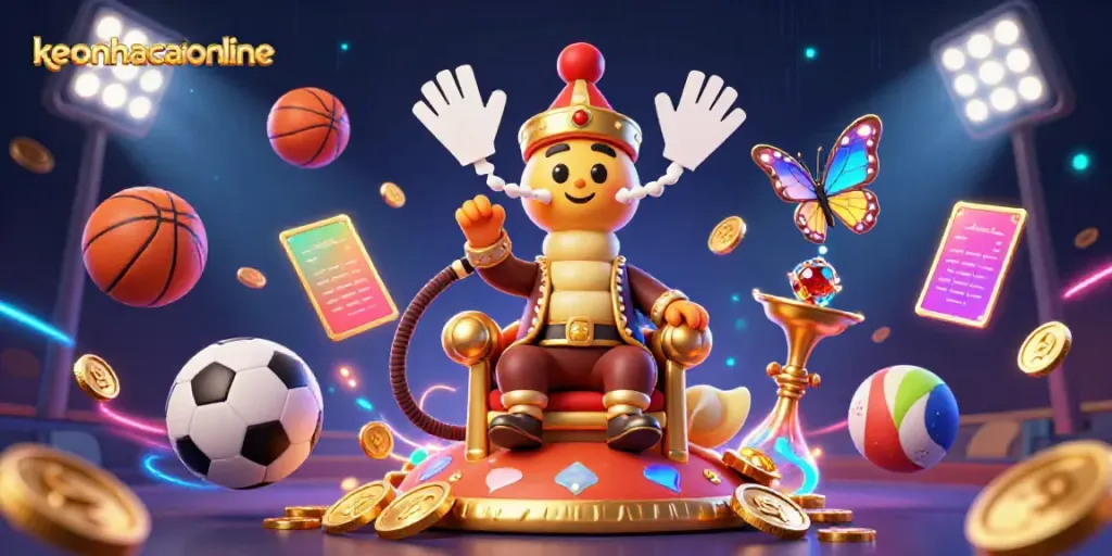 Experience keonhacaionline with a vibrant illustration of sports betting elements and a colorful caterpillar character.