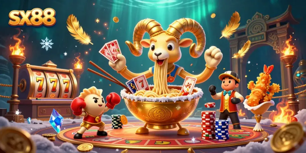 SX88 casino illustration with a giant ramen bowl dealer, golden coins, and vibrant casino atmosphere.