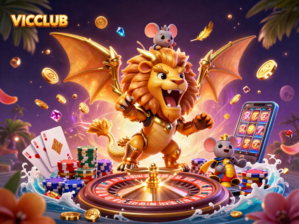 Join VICCLUB for a thrilling gaming experience with dynamic golden coins and iconic casino elements!
