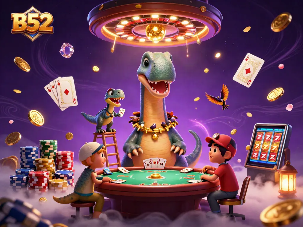 B52 celebrates winning strategies at the casino with a whimsical 3D dinosaur-themed illustration.