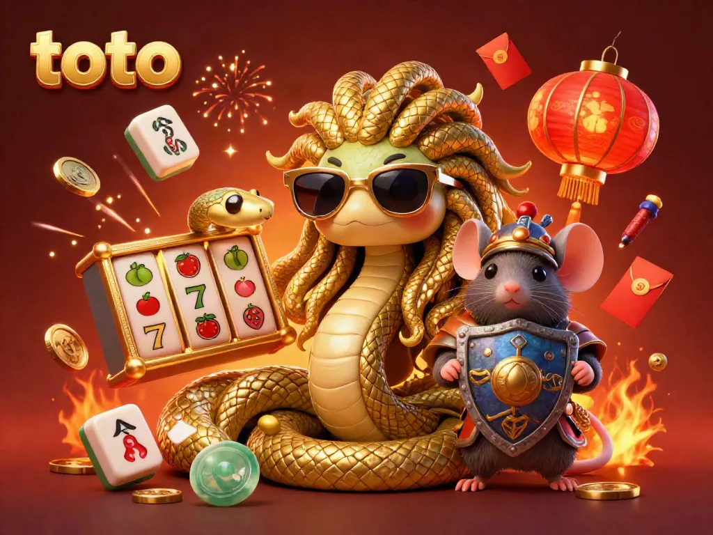 Engage with toto's exciting gaming experience featuring a friendly Medusa and warrior mouse amidst vibrant casino elements.