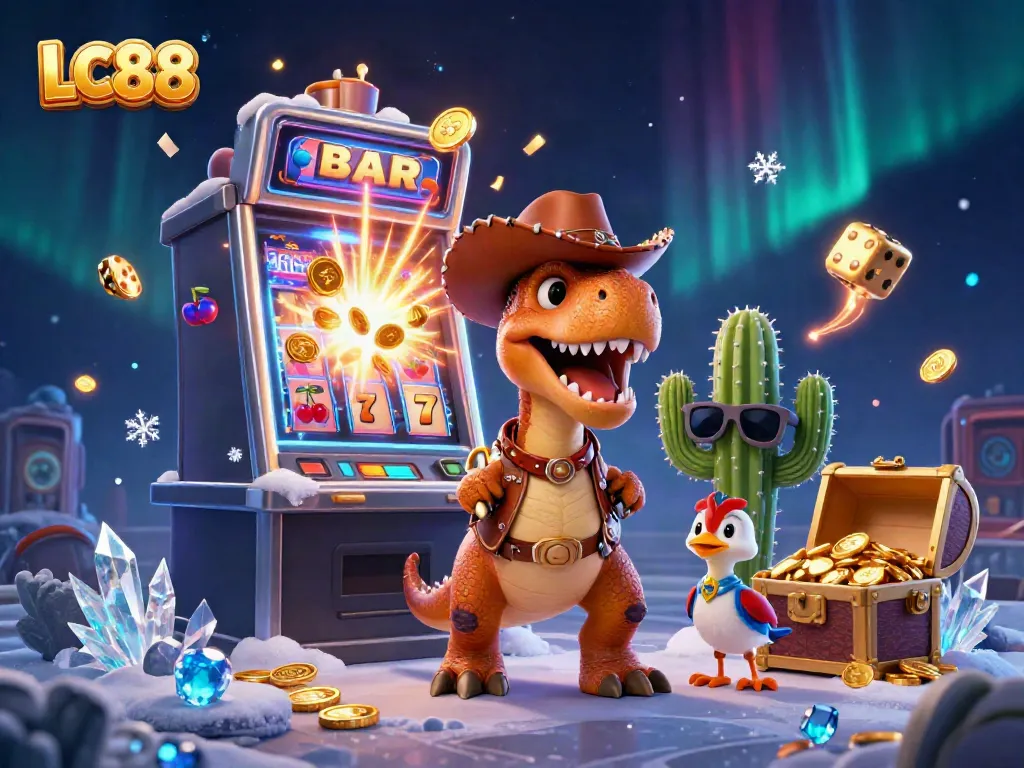 LC88 offers an exciting adventure with a T-Rex cowboy character, slot machine, and casino elements bursting with fun.