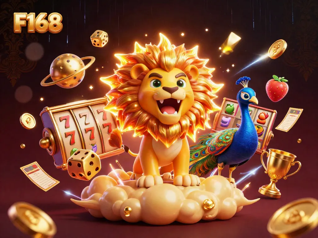 Experience the thrill of F168 casino with dazzling games and golden icons in a vibrant scene.