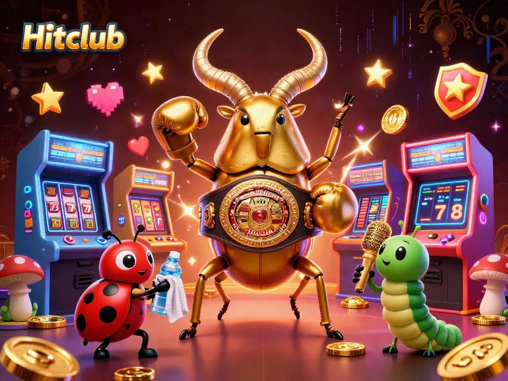 Hitclub gaming scene featuring a legendary giant beetle champion amidst neon arcade action