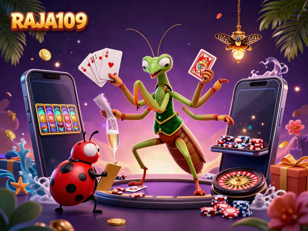 Experience the excitement of RAJA109 with a vibrant 3D casino scene featuring unique characters and game elements.
