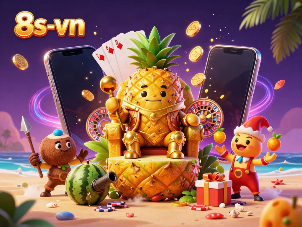 Experience exciting casino gaming with the dynamic scene featuring 8s-vn's cartoon characters and vibrant slot games.
