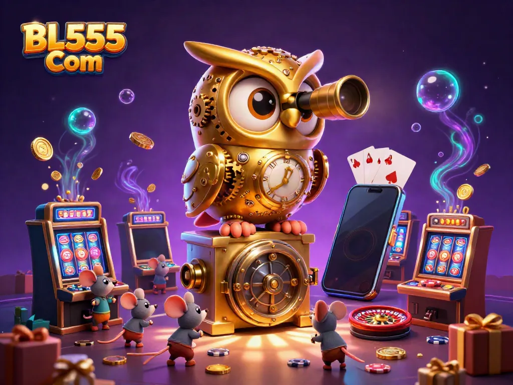 Experience winning moments at BL555 Com with a golden owl overseeing a vibrant casino game scene.