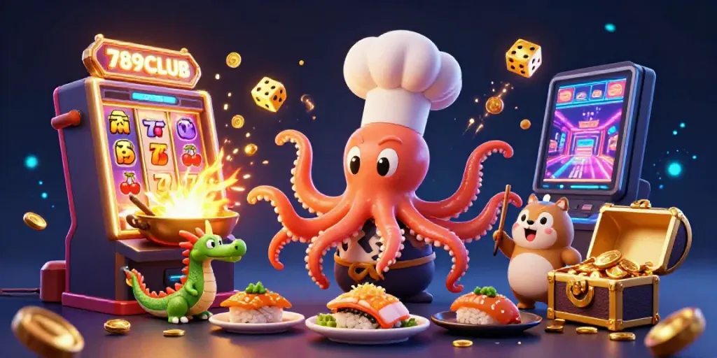 Engage in casino excitement with 789CLUB as a vibrant octopus chef dazzles in a 3D gaming scene.