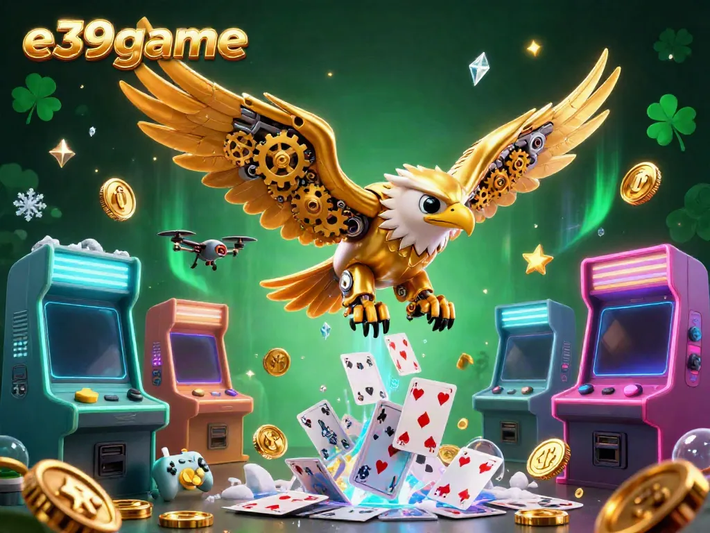 Engage in thrilling gameplay at e39game with a dynamic scene full of colorful arcade machines and a cybernetic eagle.