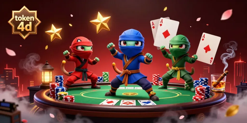 Slot online menarik di TOKEN4D dengan ninja chameleon beraksi dan chip poker berwarna-warni.