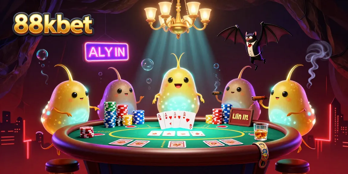 88kbet illuminates a vibrant casino scene with glowworms and a bat dealer in a thrilling card game.