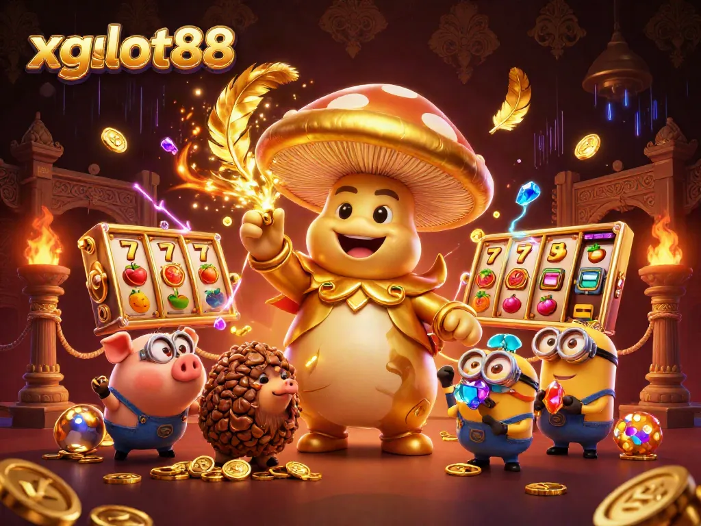 Permainan slot emas xgslot88 dengan penyihir jamur dan harta karun dalam ilustrasi 3D