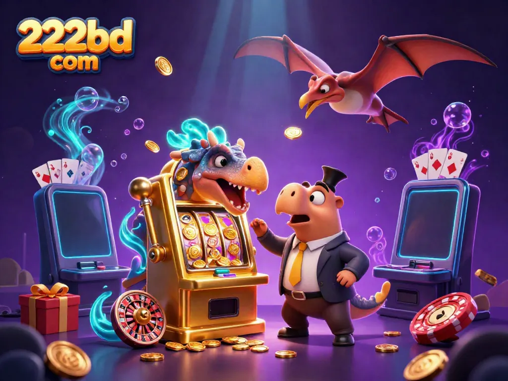 Experience the excitement of 222bd com with a cartoon dinosaur winning jackpots at a casino.