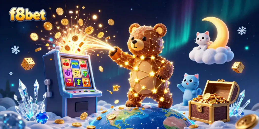 Experience the excitement of f8bet with a vibrant 3D casino scene bursting with colors and action.