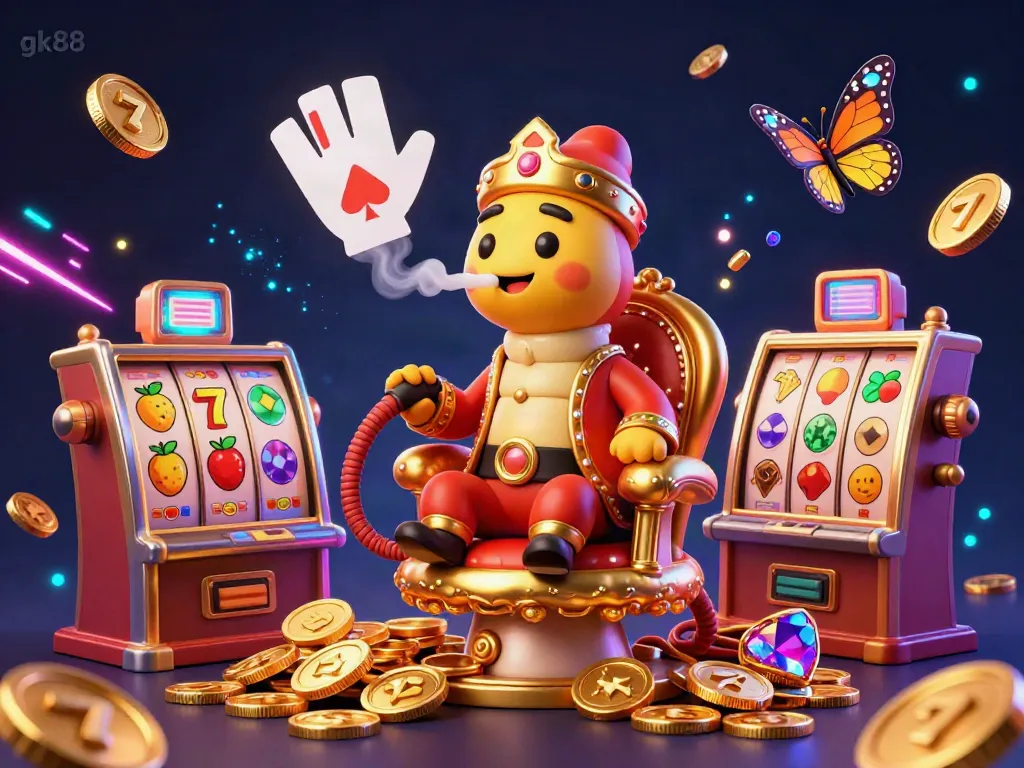 Engage with gk88 in an exciting casino environment, featuring vibrant slot reels and poker symbols.