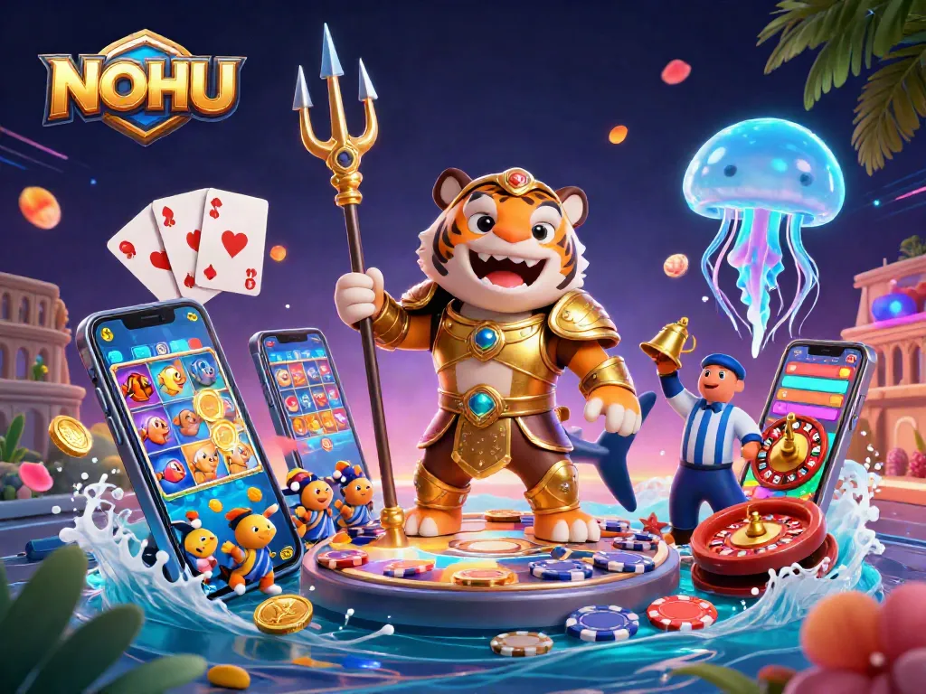 Experience thrilling NOHU gameplay with vibrant visuals, a shark gladiator, and exciting slot themes.