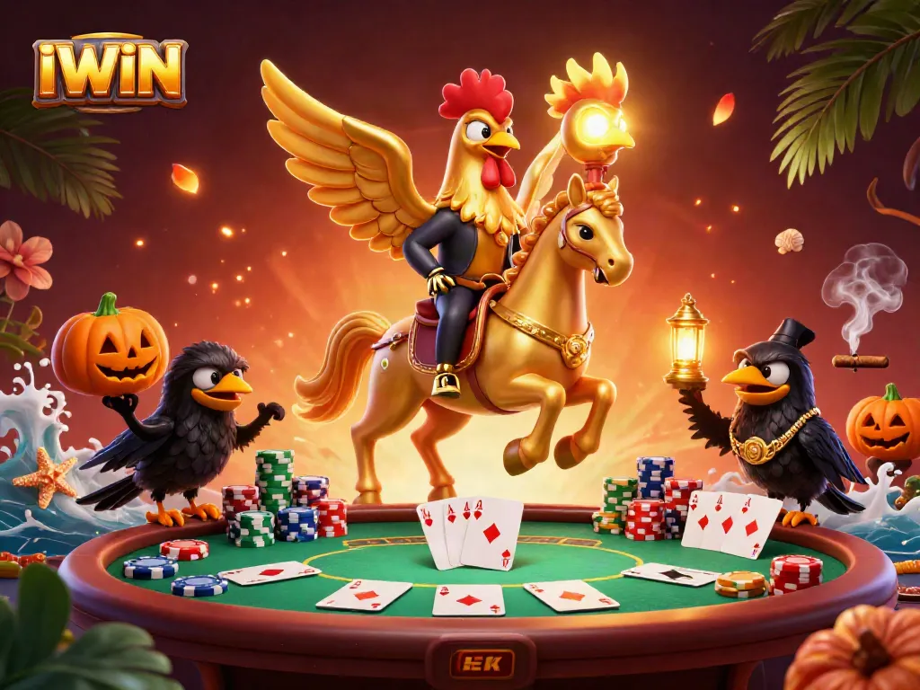 IWIN showcases a golden rooster riding through a vibrant casino filled with poker elements