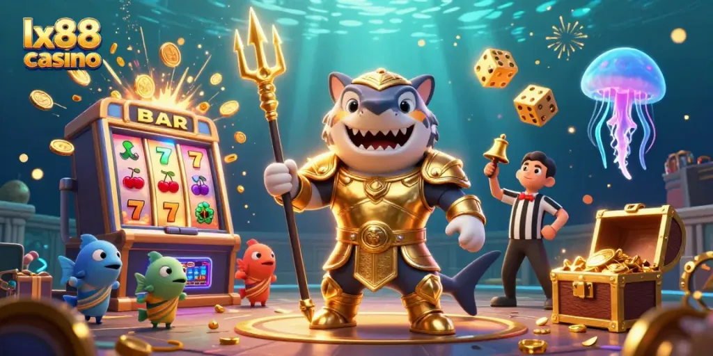Experience the thrill of lx88 casino with a dynamic underwater scene featuring a glimmering jackpot.