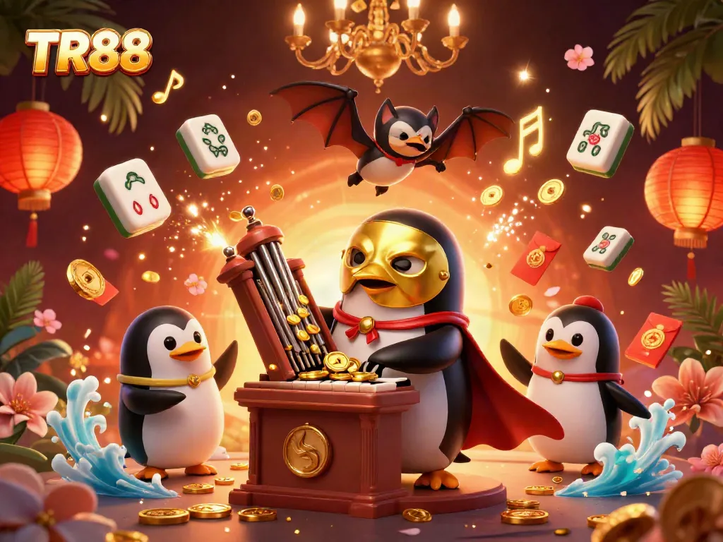 Engage in thrilling casino fun with TR88 featuring a 3D penguin playing golden coin-filled organ.