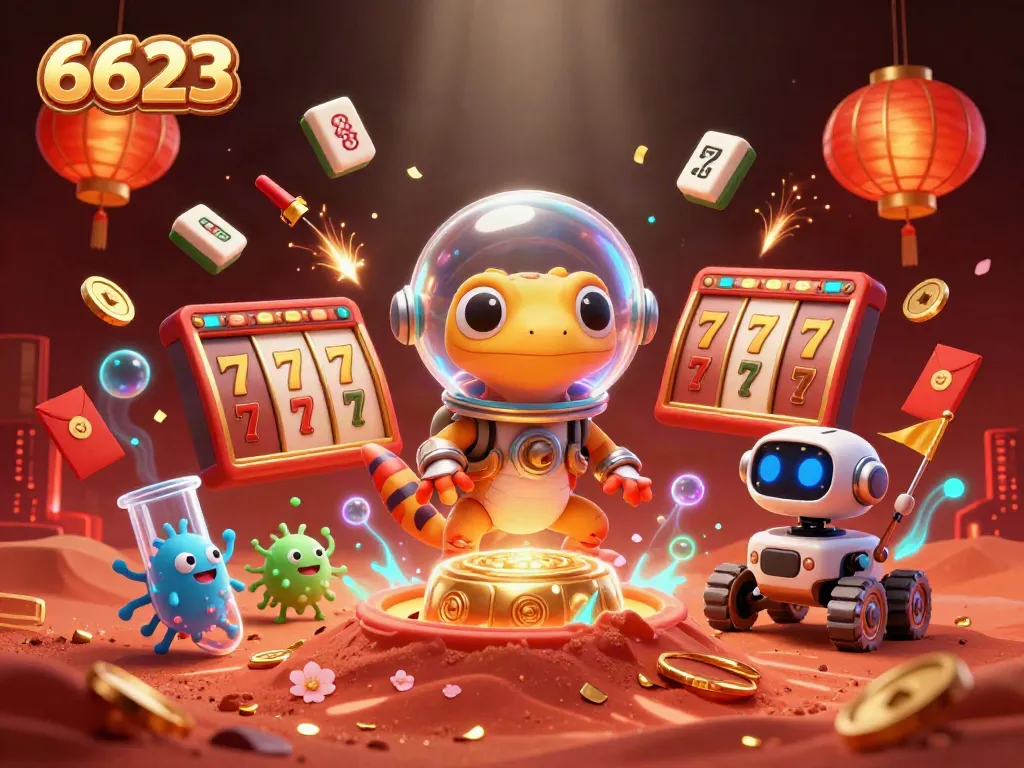 Experience the excitement of 6623 with a 3D Martian gecko discovering a golden casino on Mars.