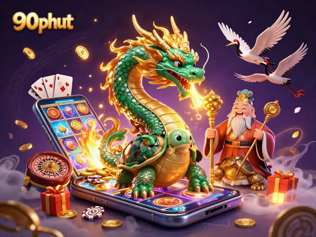 Engage with 90phut's thrilling gaming experience featuring a vibrant 3D casino illustration.