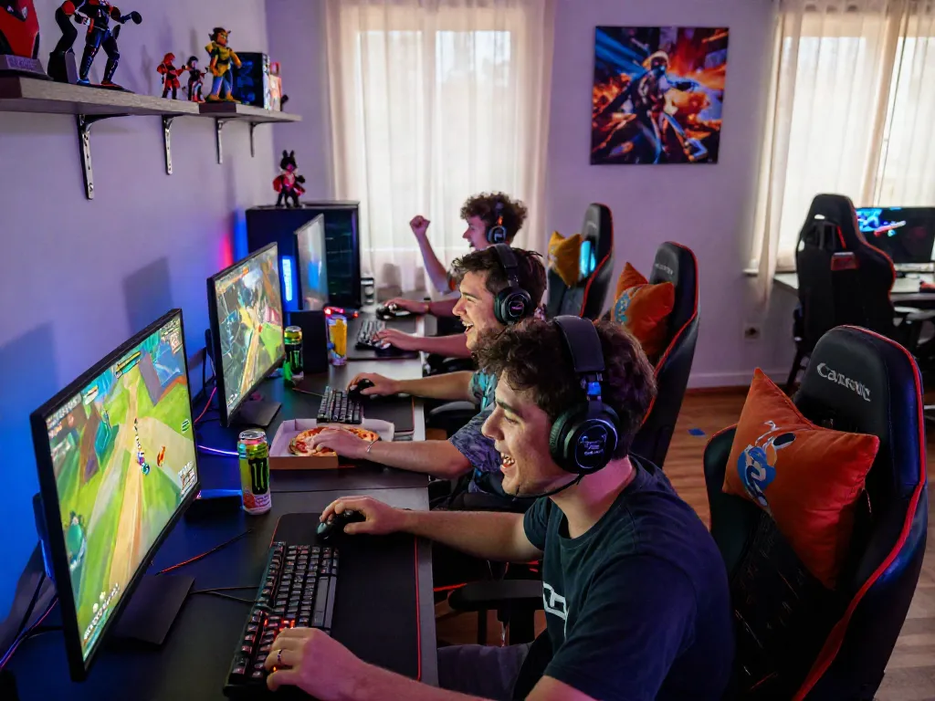 Friends enjoying istana404-inspired gaming session in vibrant setup with joy and energy.