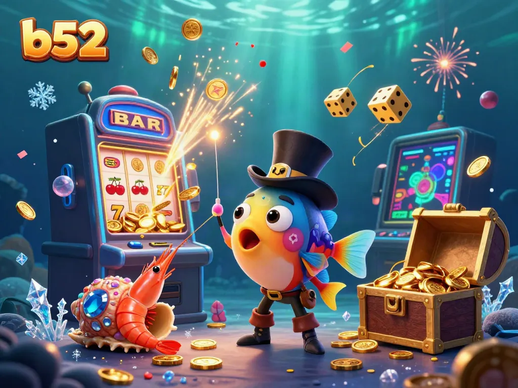 Experience thrilling wins at b52 casino with animated adventures featuring a deep-sea anglerfish and treasure-laden sea characters.