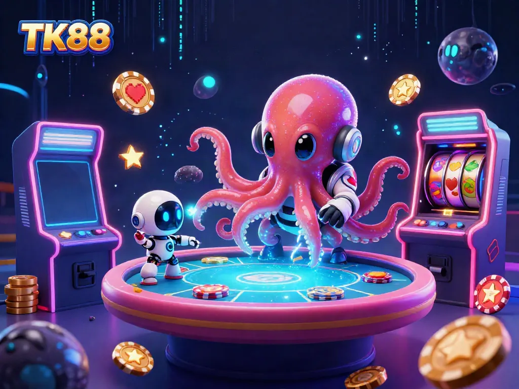 Engage in exciting slot games with TK88, featuring a colorful alien octopus and floating poker elements.