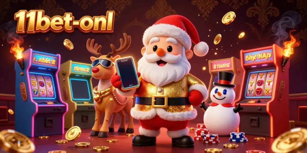 Spin the slots with 11bet-onl in a vibrant 3D casino scene featuring Santa and friends.