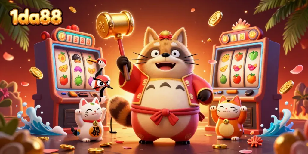 Spin and win at 1da88 casino with cheerful tanuki and vibrant game elements all around.