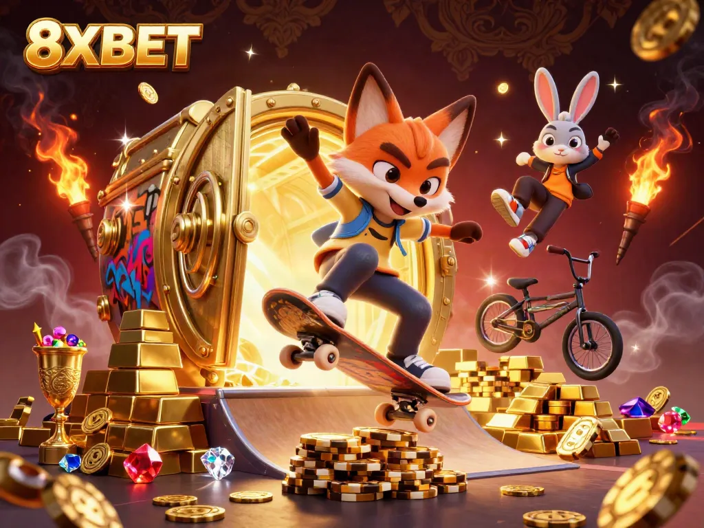 Join the excitement at 8XBET with a thrilling scene of casino adventure featuring dynamic characters.