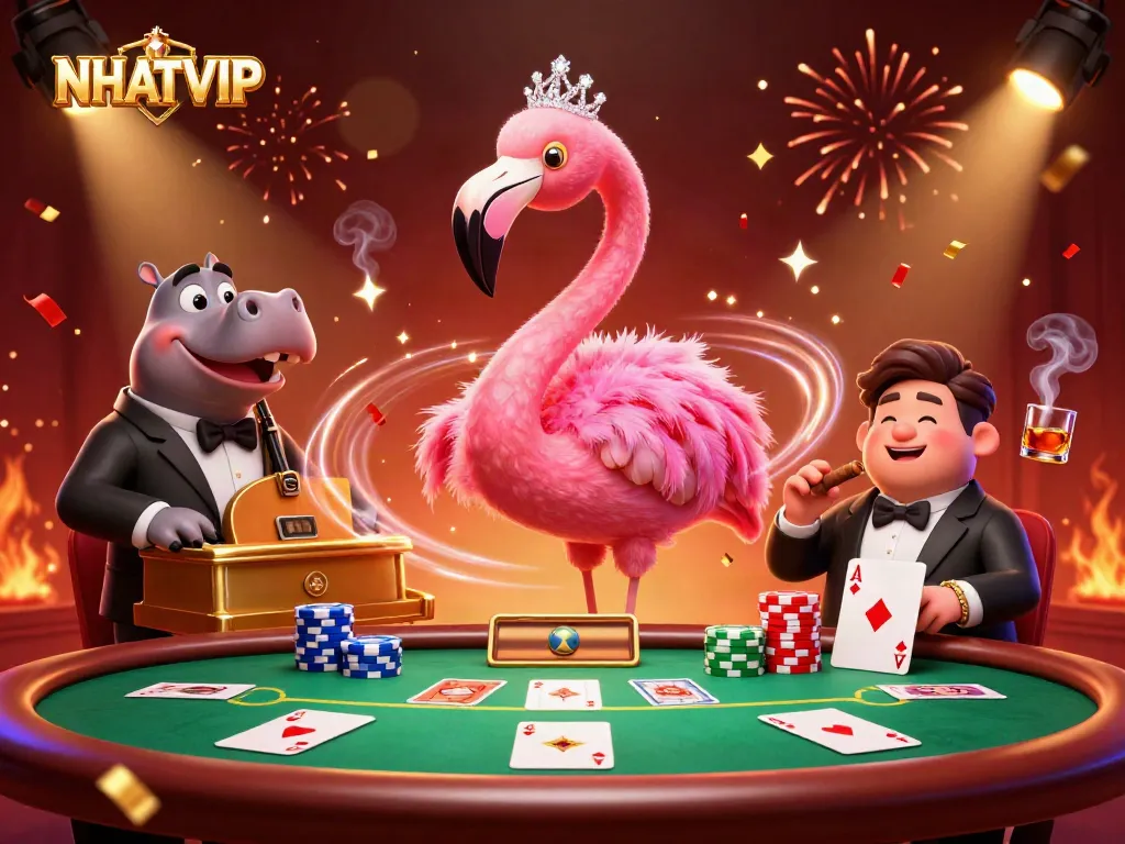 Join the excitement at NHATVIP with a vibrant 3D casino scene featuring animated lounge performers.