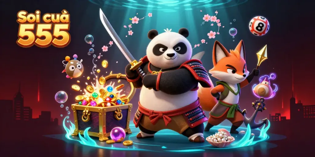 Soi cầu 555 showcases a dynamic scene of a fierce samurai panda and companions celebrating lottery luck.