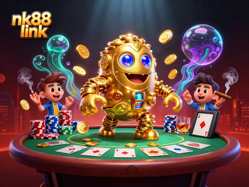 Engage with exciting bets at nk88 link featuring a golden golem and vibrant poker elements.