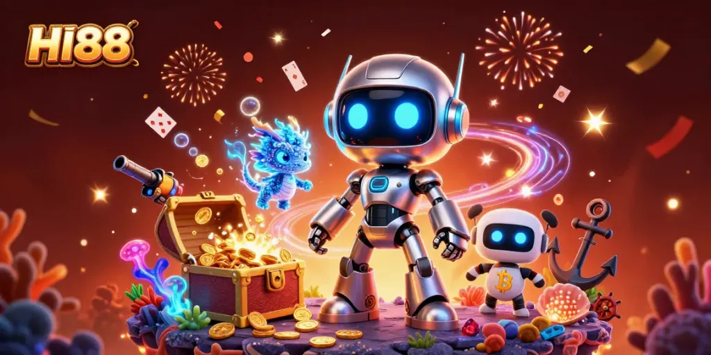 Experience thrilling gaming with HI88, showcasing a cyberpunk robot amidst a vibrant casino scene.
