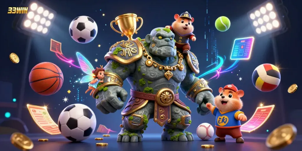 Engage with the dynamic 33WIN casino scene featuring a stone golem, fairy, and hamster knight amid animated sports elements.