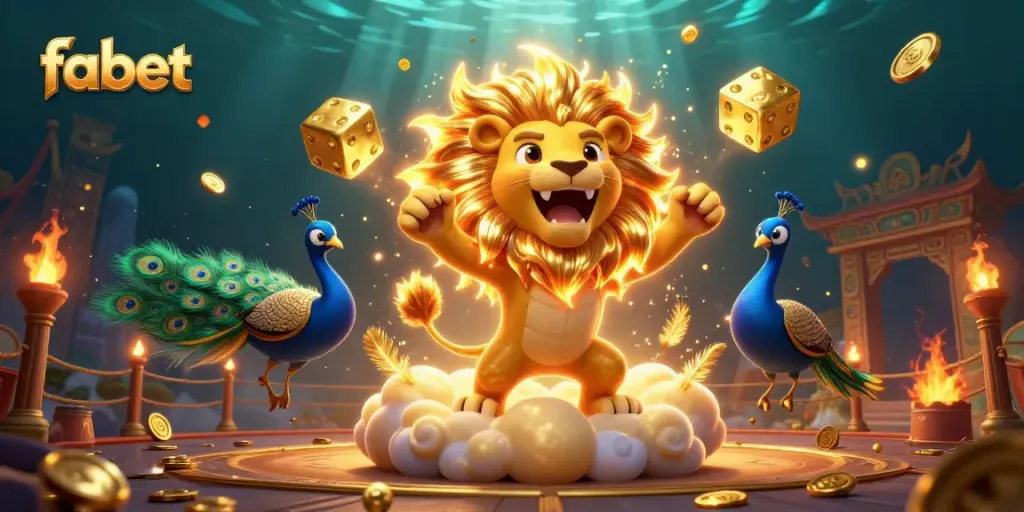 Players enjoy betting with the vibrant fabet casino featuring golden dice, a lion, and dynamic visuals.