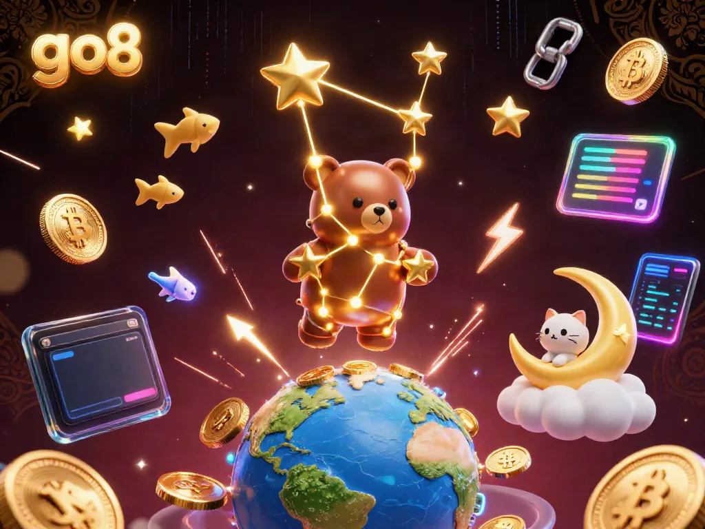 Engage in exciting gaming with go8 as a constellation bear gathers coins amidst crypto elements and playful aquatic companions.