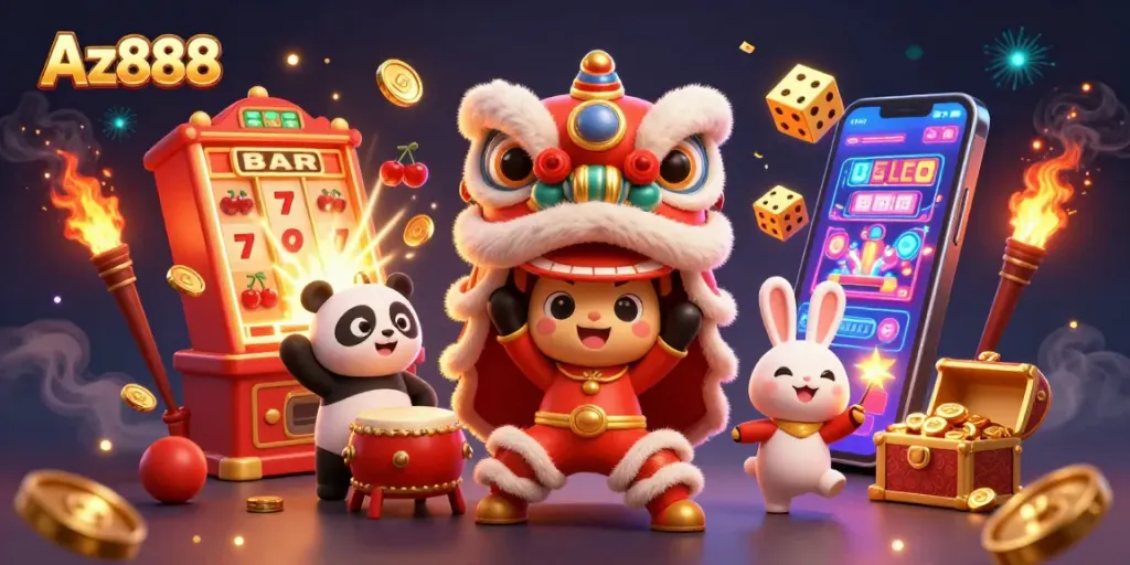Experience Az888's vibrant casino world with lively characters dancing amid a jackpot frenzy.