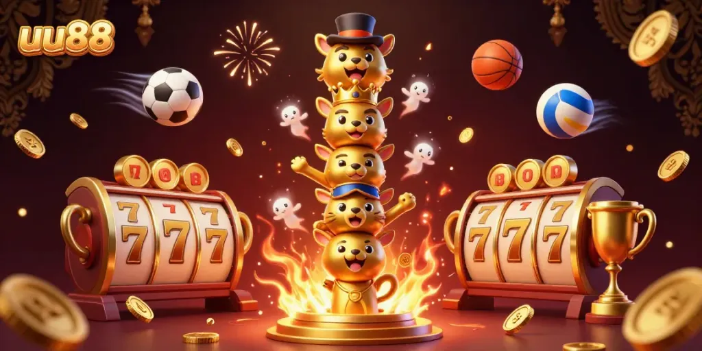 Engage with uu88's vibrant casino scene featuring dynamic slot games and animated characters.