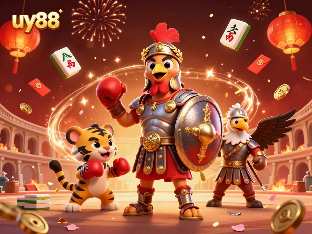 Experience the uy88 thrill with a gladiator rooster, surrounded by festive symbols and vibrant colors.