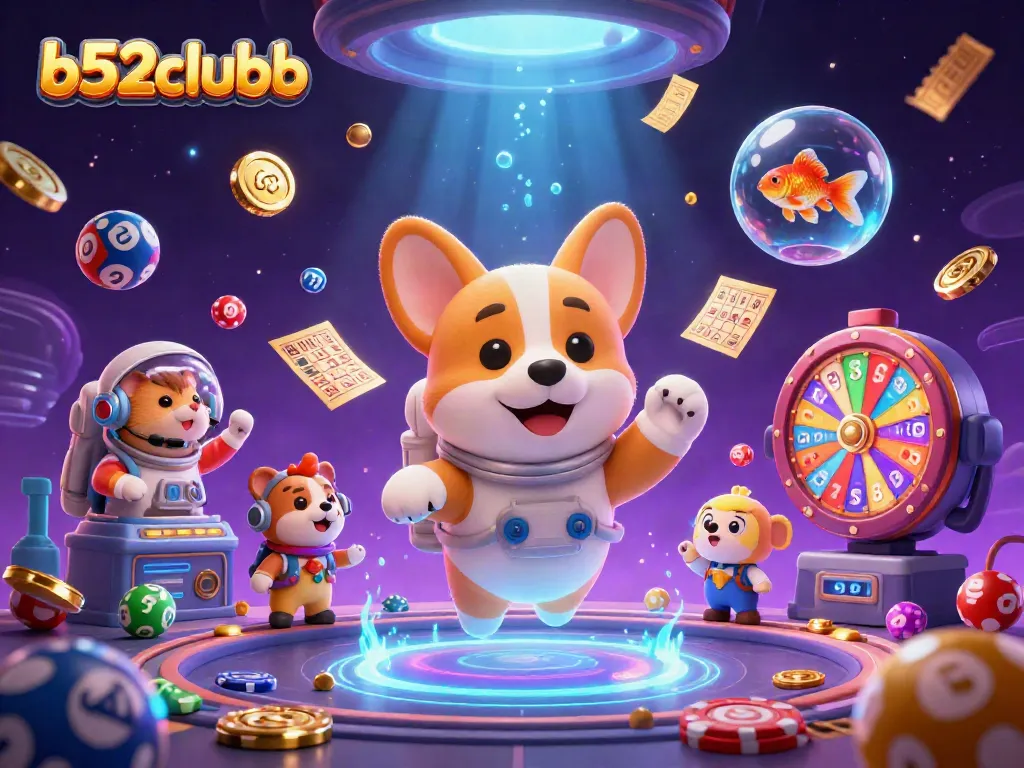 Bidding on b52clubb games with lively characters in a bustling space casino atmosphere.