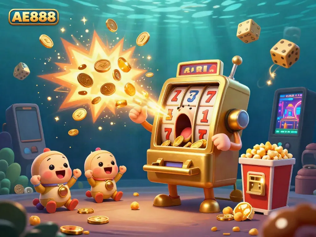 Experience AE888's exciting casino atmosphere with the golden slot machine celebrating a jackpot.