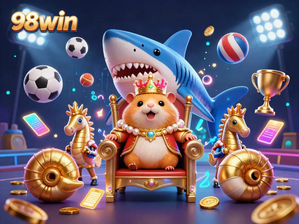 Experience the thrilling world of 98win with a golden hamster king and dynamic gaming elements.