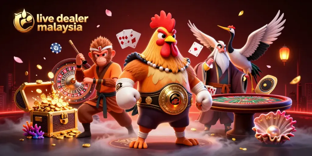 Engage in the thrilling action of live dealer Malaysia with vibrant characters amid a bustling online casino scene.