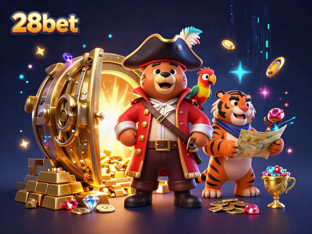 Experience thrilling gaming at 28bet with a pirate bear and his tiger friend, surrounded by treasures.