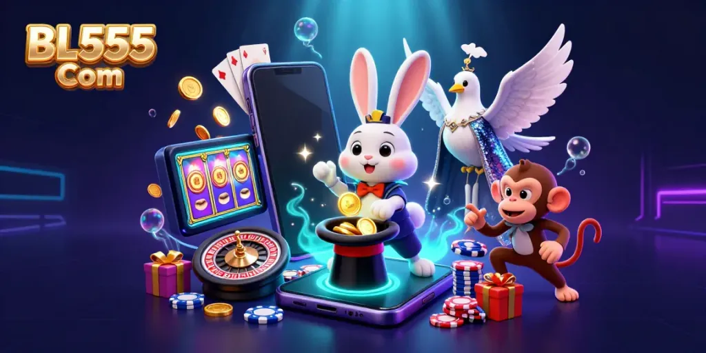Experience the magic of gaming with BL555 Com as a 3D rabbit magician delights with golden coins and poker chips.