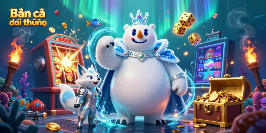 Experience Bắn cá đổi thưởng with a vibrant underwater scene featuring cartoon characters, a jackpot slot machine, and sea elements.